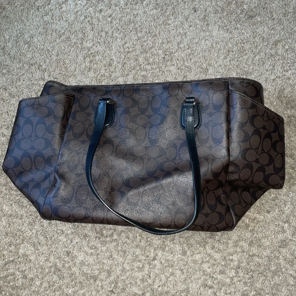Coach brown diaper travel signature canvas leather tote bag